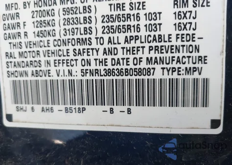 2006 Honda Odyssey Ex-L z USA, uszkodzony, nr VIN 5FNRL38636B058087